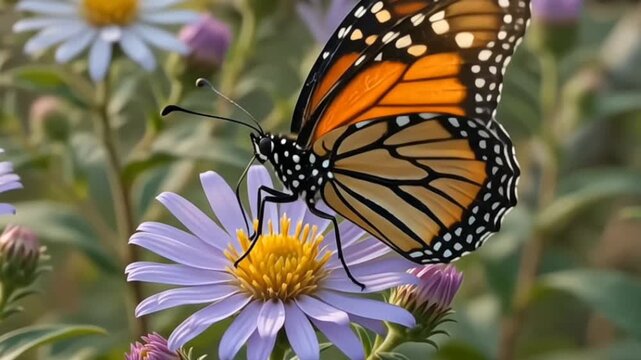 Monarch butterfly perched on a purple aster flower collecting nectar in the garden