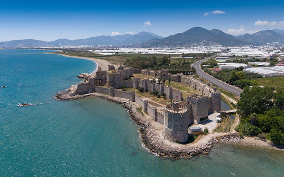 Spectacular Aerial Photograph of Mamure Castle in Anamur Mersin Turkey, One of the Best Preserved Medieval Fortresses on the Mediterranean Coast