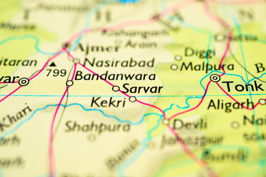 Close up of Tonk and Malpura area on detailed Rajasthan India map.