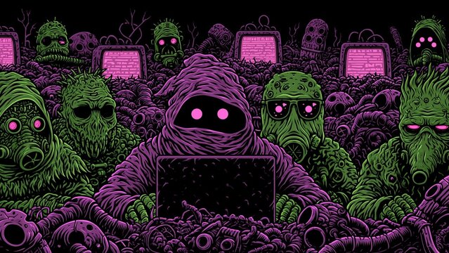 Mutated alien figures wearing gas masks using laptop computer among electronic waste.