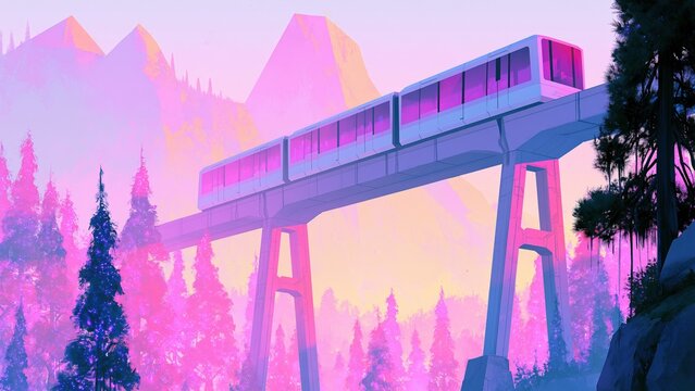 Modern elevated monorail crossing tall bridge over vibrant pine forest at sunrise.