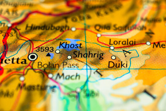 Detailed road map highlighting Khost Shahriq and Quetta with elevation marking.