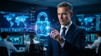 Obraz premium Businessman in front of cyber security interface.