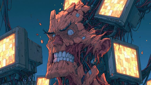 Grotesque flesh cyborg monster surrounded by glowing retro computer monitors and cables.
