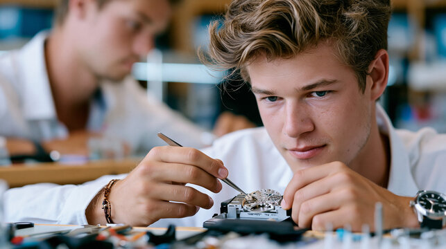 Watchmaking apprentice practices fitting a barrel bridge onto a movement plate under supervision in a Swiss horological school workshop, tweezers held at correct angle, movement secured in a movemen