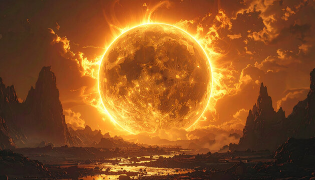 神秘的な太陽の光が降り注ぐ荒涼とした異世界の風景