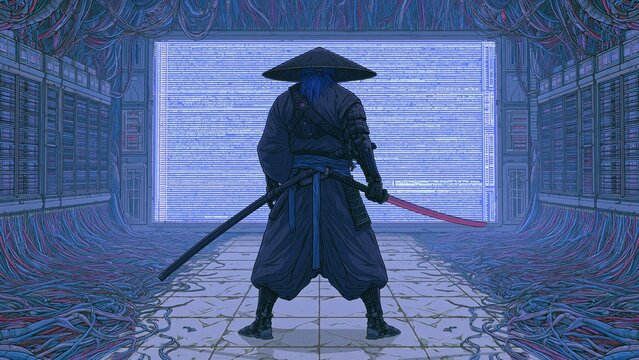 Masked cyber samurai gripping bright pink sword facing gigantic blue data screen.