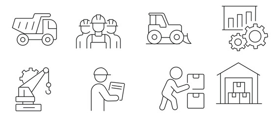 Construction and logistics line icon set featuring warehouse, worker team, dump truck, crane, bulldozer, project management and box. editable stroke vector set. © icons Studio