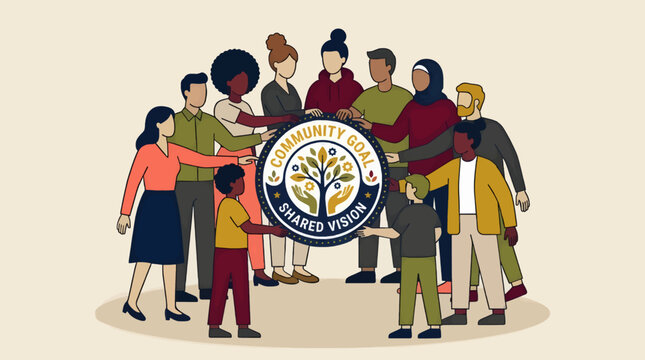 Diverse Community Gathering Hands Reaching Inward Towards Emblem of Tree and Hands, Flat Vector Illustration Symbolizing Unity and Shared Vision, Beige Background with Copy Space