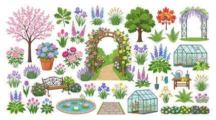 Fototapeta premium Whimsical Garden Collection: Flowers, Arches, Greenhouse, and More