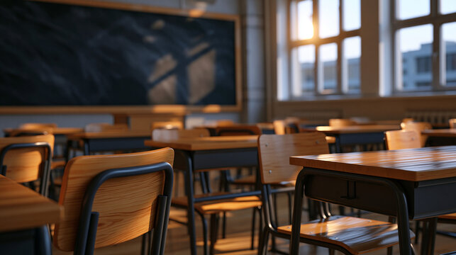 Black chalkboard empty clean surface dominates a vacant elementary school classroom at golden hour with afternoon sunlight streaming through tall windows across rows of unoccupied wooden desks, educ