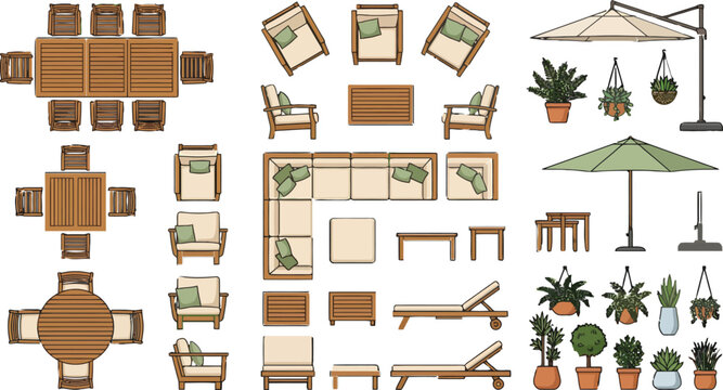 Outdoor furniture set top view collection with wooden tables chairs sofas umbrellas and potted plants vector illustration