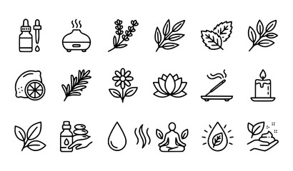 Essential Oils Linear Icon Set Editable Stroke Aromatherapy Vector Collection for Logo and UI © MstRAJIA