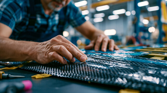 Carbon fiber texture dark surface background frames an aerospace maintenance hangar environment where a close-up of a composite repair technician's hands applies structural patch material to a fusel