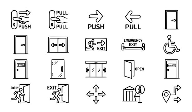 Push Pull Door Handle Outline Icon Bundle Entrance Direction Signage Vector Set