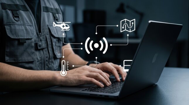 Technician using laptop for remote logistics monitoring and emergency dispatch operations, connectivity interface, smart city system Technology modern technology business concept