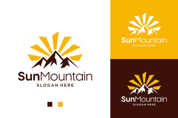 Naklejka premium Modern Sun and Mountain Logo Concept Featuring Stylized Peak Silhouette with Radiant Rays for Adventure, Travel, Outdoor Exploration, and Nature Branding