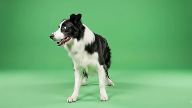 Smart Border Collie Dog Standing and Looking Happy on Green Screen
