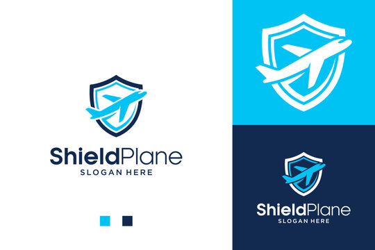 Modern Aviation Safety and Travel Insurance Logo Concept Featuring Airplane Silhouette Integrated with Protective Shield Symbol for Flight Security, Global Transportation, and Logistics Branding