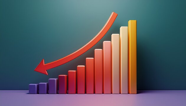 vibrant 3d bar chart visualizing data fluctuation with a dynamic downward arrow illustrating decrease and financial trends 3d render