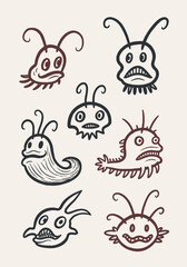 Obraz premium Seven hand-drawn cartoon monster doodles with various expressions and antennae, a sketchy vector graphic on light beige