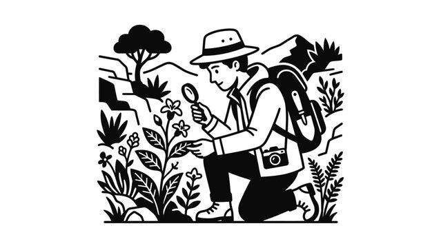 Botanist Explorer Studying Plant With Magnifying Glass In Nature