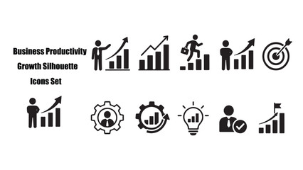 Fototapeta premium Business Productivity Growth Silhouette Icons Set – Person, Bar Chart, Arrow & Gear Outline Vector