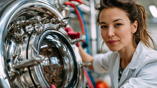 Food scientist examines mycoprotein fermentation culture growth inside a bioreactor viewport at a plant-based food startup facility, fermented fungi biomass destined for meat-alternative product lin