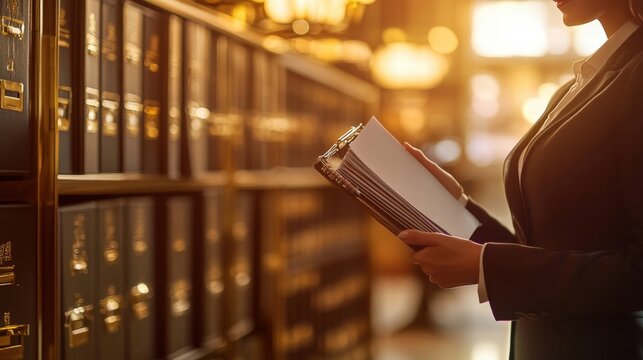 woman reviewing legal documents in law library
