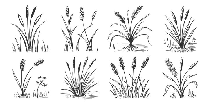 Vintage hand drawn sketch style wild marsh reed and cattail collection vector illustration for nature design.