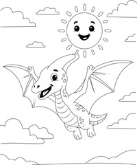 Cute Pterodactyl Dinosaur Flying in the Sky Coloring Page for Kids © MSTASSFI