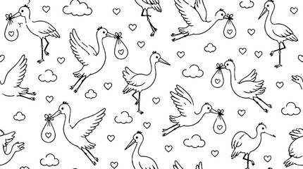 Fototapeta premium Flying storks with baby bundles and hearts pattern.