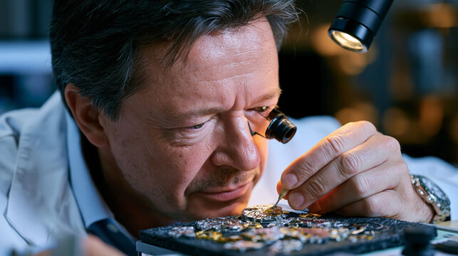 Master watchmaker uses a peg wood tool to fit a hairspring collet onto a Swiss lever escapement under a loupe, movement parts arranged on a timing machine test pad, watchmaking bench lit by a focuse