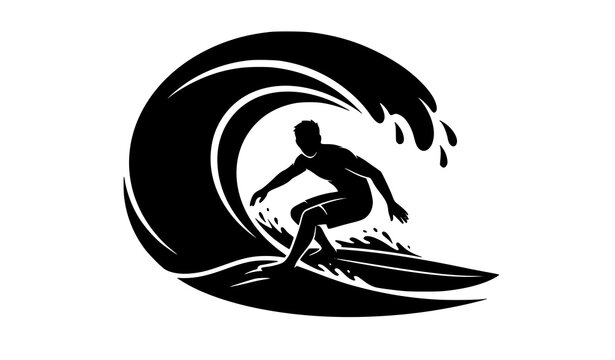 Dynamic Surfer on Breaking Wave Black Silhouette Vector Design