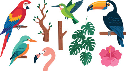 Fototapeta premium Tropical Birds Flat Vector Icon Set Featuring Macaw Parrot Toucan Flamingo Hummingbird Kingfisher Monstera Leaves and Hibiscus Flower Design Elements