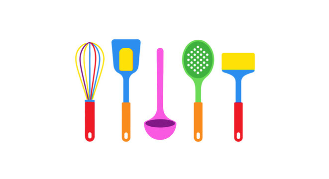 Colorful kitchen utensils for cooking.