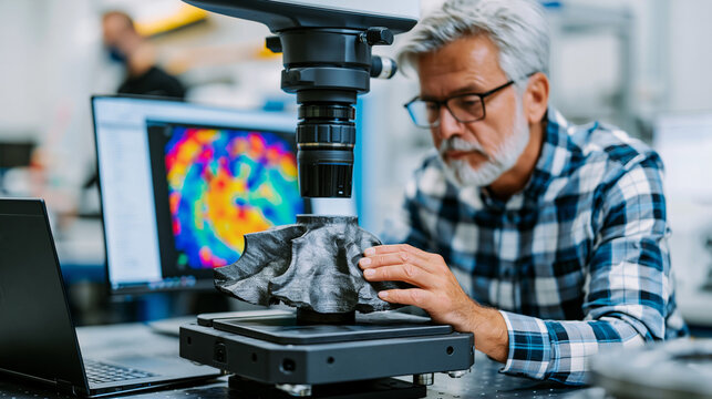 Quality inspector uses a structured light 3D scanner to verify surface geometry on a turbine blade casting, deviation map rendering on a connected laptop display, aerospace component validation occu