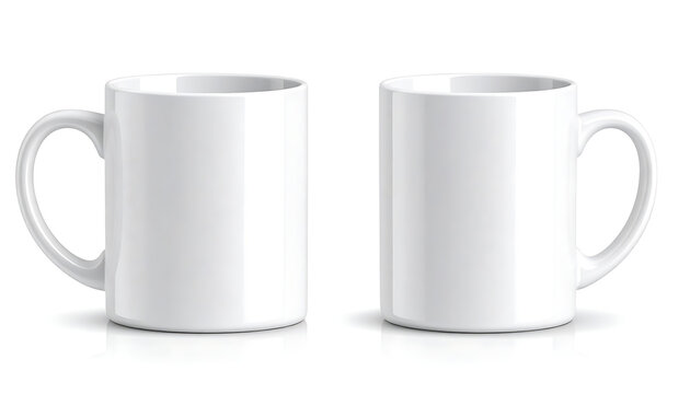 Two isolated blank white mugs for branding mockup, coffee tea cup template design