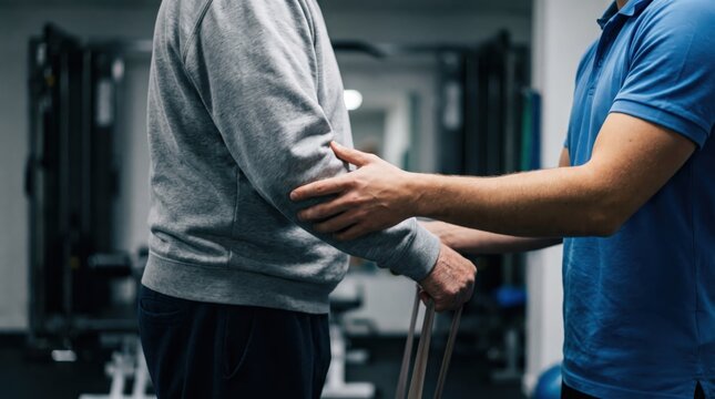 Senior man performing physical therapy exercise with a young physiotherapist in a rehab clinic focusing on active aging, professional medical guidance, and specialized geriatric injury recovery concep