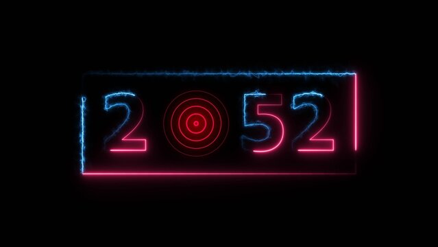 2052 years neon bright number text radio wave red color 4k illustration. New year celebration number. Black background 4k illustration.