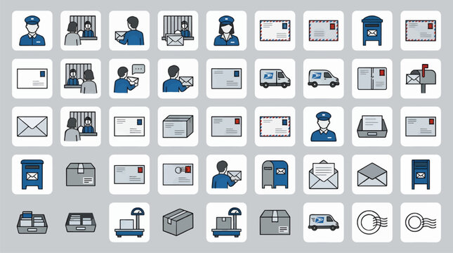 Flat Vector Icon Set of Postal Service Elements, Including Mail Carriers, Envelopes, Packages, Mailboxes, and Delivery Vans, with a Blue and Gray Color Palette
