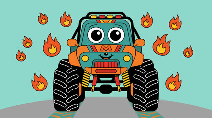 Cute Cartoon Monster Truck Illustration with Big Eyes and Flames, Flat Design with Bold Orange and Teal Colors, Playful Vehicle Graphic with Copy Space © sus