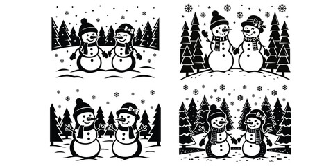 Fototapeta premium Cute snowman couple in winter forest silhouette vector set