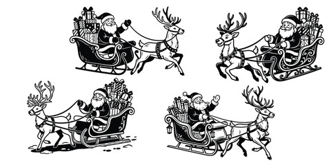 Set of vintage Christmas illustrations with Santa driving reindeer sleigh full of presents © Rekha