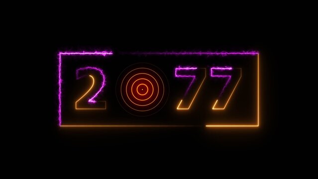 2077 years neon bright number text radio wave red color 4k illustration. New year celebration number. Black background 4k illustration.