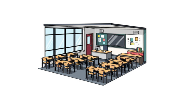 Empty school classroom with desks tables.