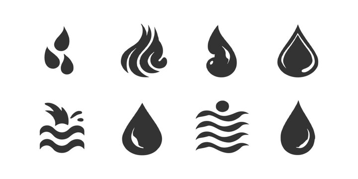 Minimalist black water drop and fire flame silhouette icon set for logo template design vector illustration.