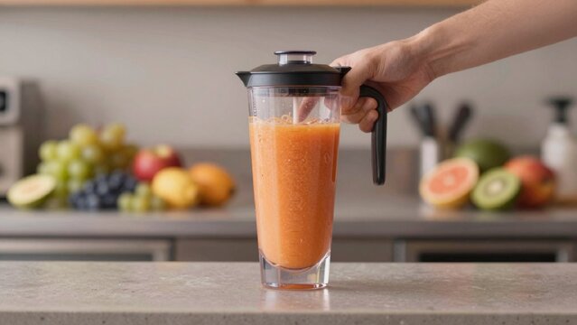 Person's hand holding glass jar black lid handle filled bright orange-colored smoothie background blurred appe