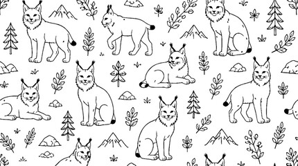 Fototapeta premium Playful Lynx Cats in Forest Pattern Design.