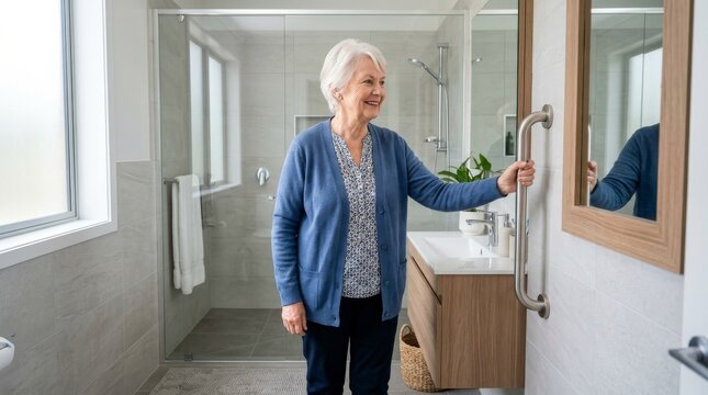 Elderly Woman Uses Grab Bar in Accessible Bathroom with Modern Modifications